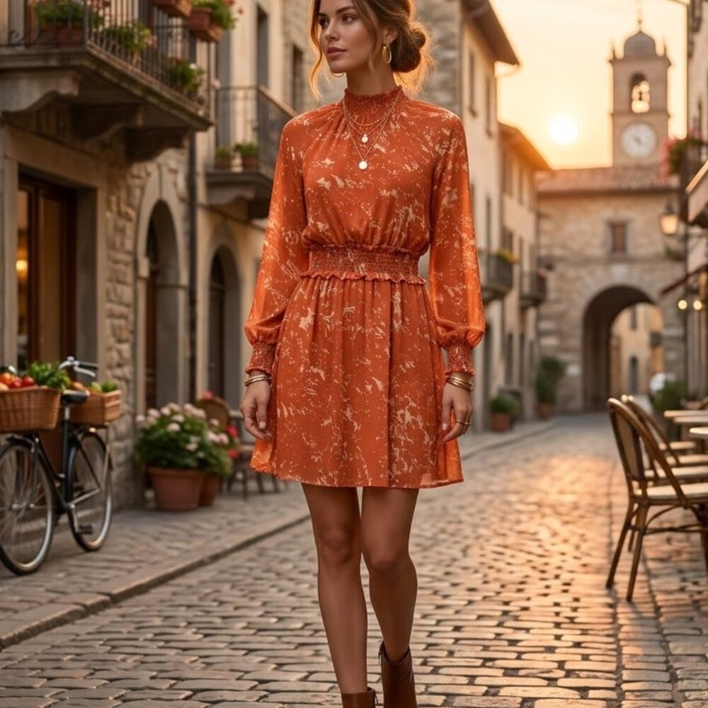 June & Hudson S Orange Floral Mini Dress Smocked Long Sleeve Mock Neck Cute